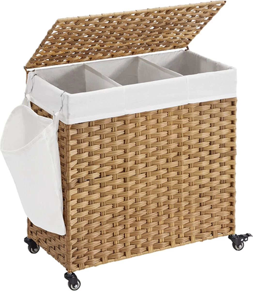 Hoppa! Wasmand, Handgeweven Wasmand, 140L Rotan-stijl Met 3 Compartimenten, Uitneembare Voering, Handgrepen, Deksel, Voor Woonkamer, Badkamer, 26 X 13 X 23.6 Inch, Natuurlijk