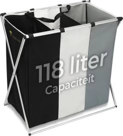 HAPPY LIFE – Wassorteerder – Stevige Grote Wasmand Met 3 Vakken – 118 L Opvouwbaar – Aluminium - Polyester
