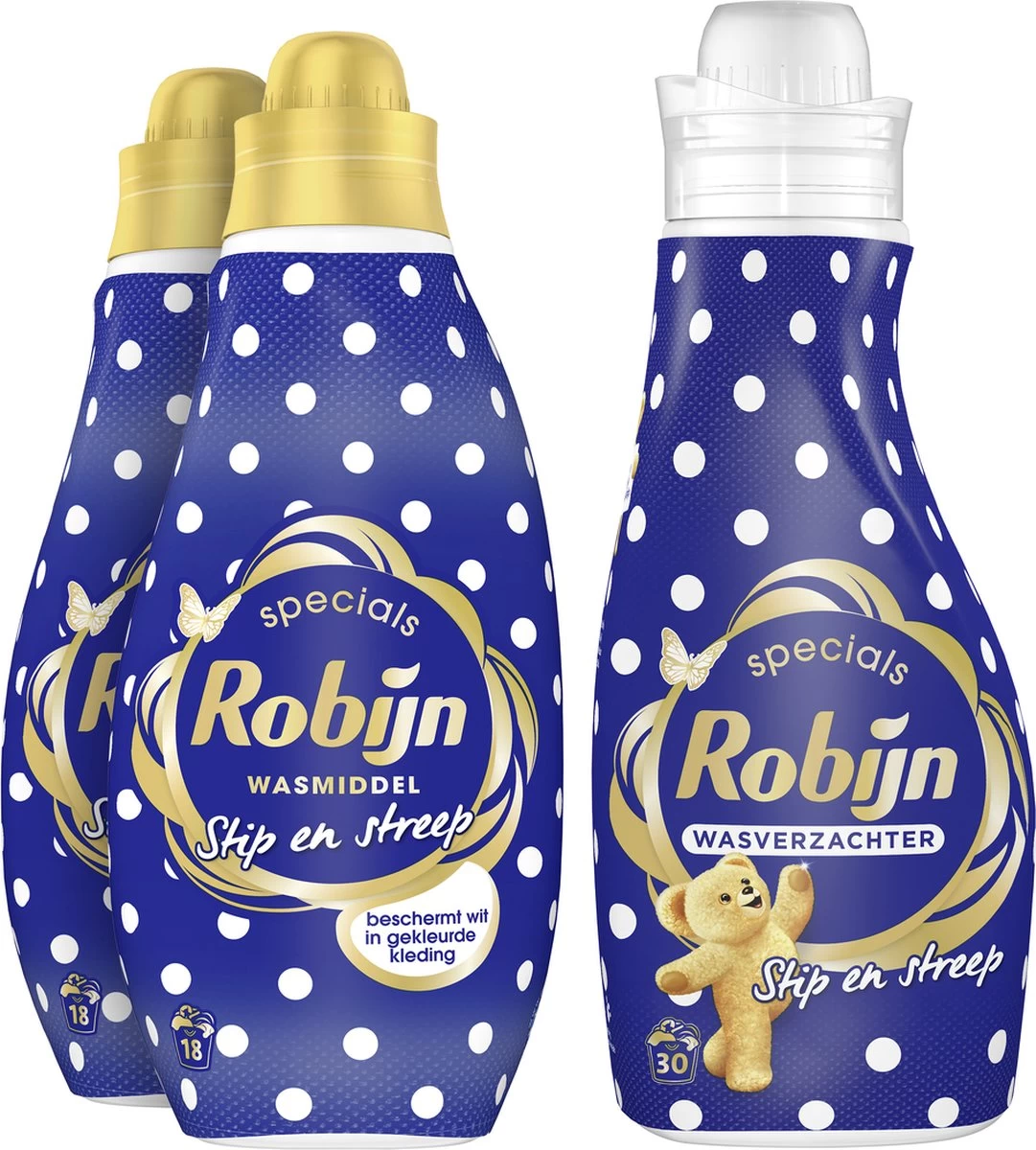 Robijn Robijn Specials Wasmiddel En Wasverzachter Pakket Voor Gekleurde Kleding Met Witte Elementen Stip En Streep Beschermt Wit In Gekleurde Kleding 2 X 18 + 30 Wasbeurten