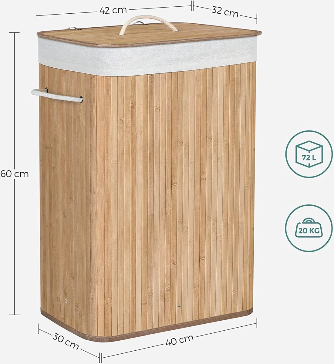 Merkloos Bamboe Wasmand Met Deksel, Katoenen Zak En Handvaten - 72L - Natuurlijk Bruin - Afbeelding 2