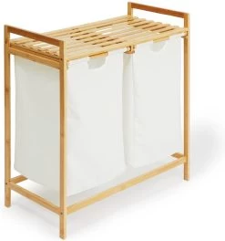 Bamboe Rek Met Wasmanden - 30L - Wassorteerder - 2 Vakken - Hout - Dubbele Wasmand