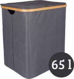 Mmoods Wasmand Katoen 2 Vakken 65 Liter - Wassorteerder Met Deksel Bamboe - Wasbox Badkamer Met Handvaten Grijs