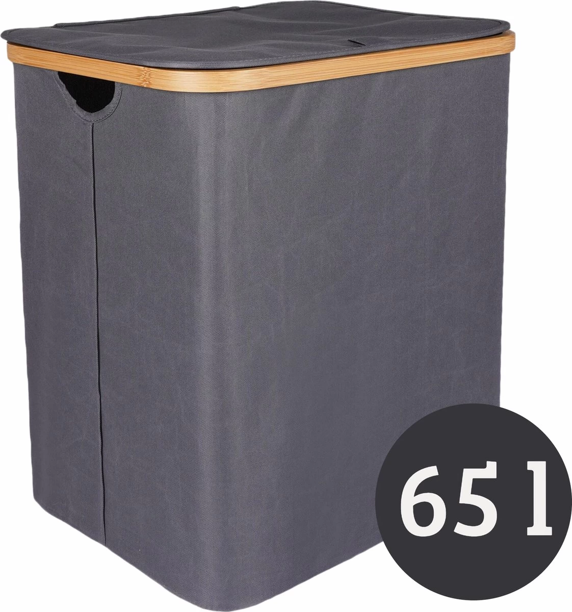 Mmoods Wasmand Katoen 2 Vakken 65 Liter - Wassorteerder Met Deksel Bamboe - Wasbox Badkamer Met Handvaten Grijs