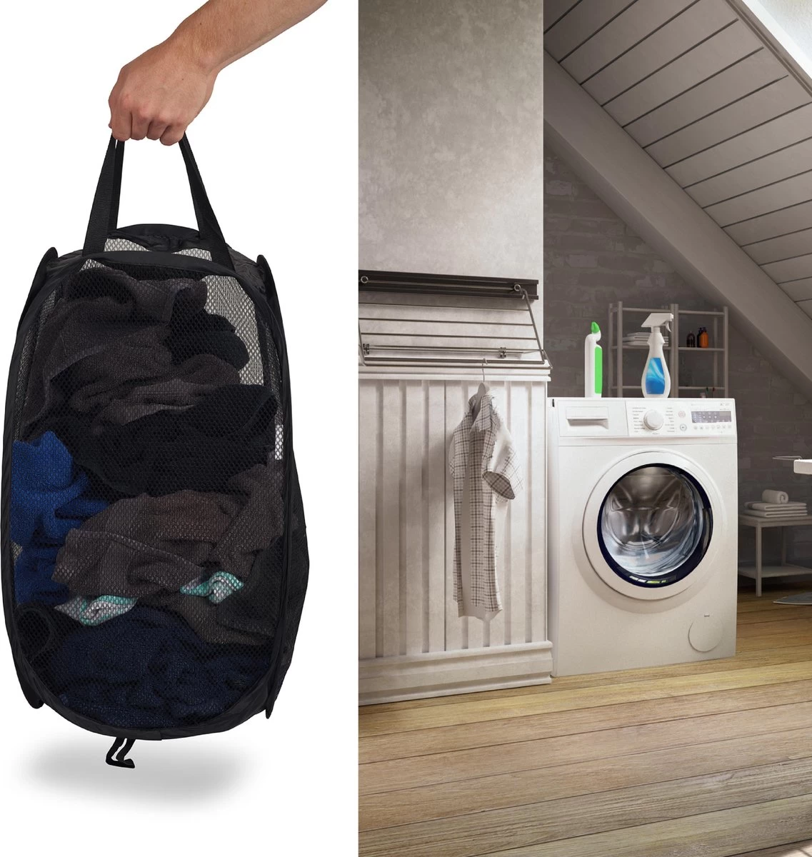 Wonair - Opvouwbare Wasmand - Wassorteerder - Extra Opbergvak – Met Hengsel - 70L - Zwart - Afbeelding 4