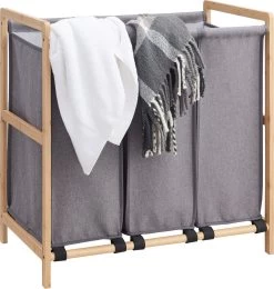 ACAZA Wasmand - Wassorteerder Met 3 Vakken - Stof / Bamboe - Grijs