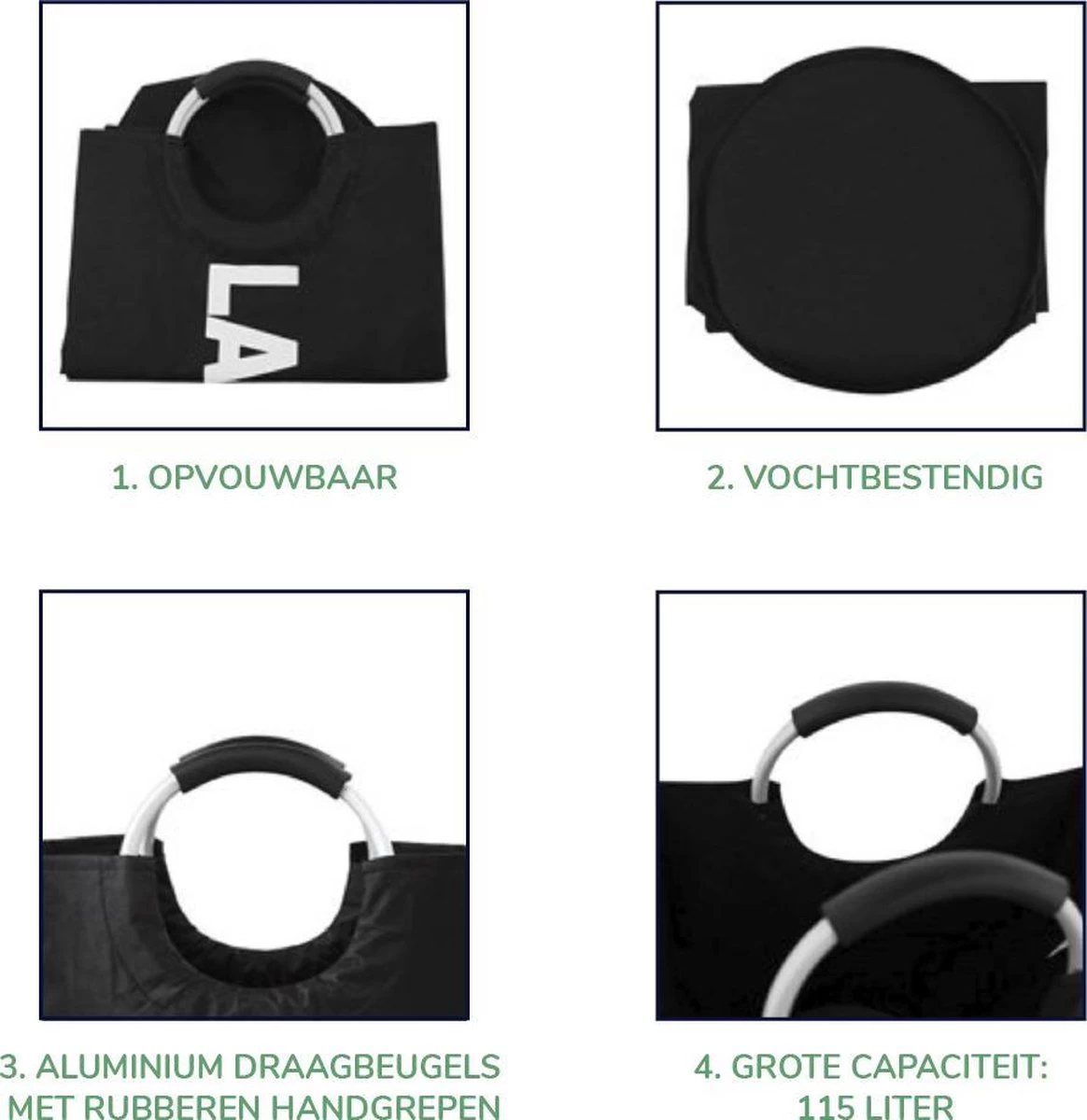 Wonair Wasmand – Waszak – Wassorteerder - Opvouwbaar – Zwart – 115L - Afbeelding 4