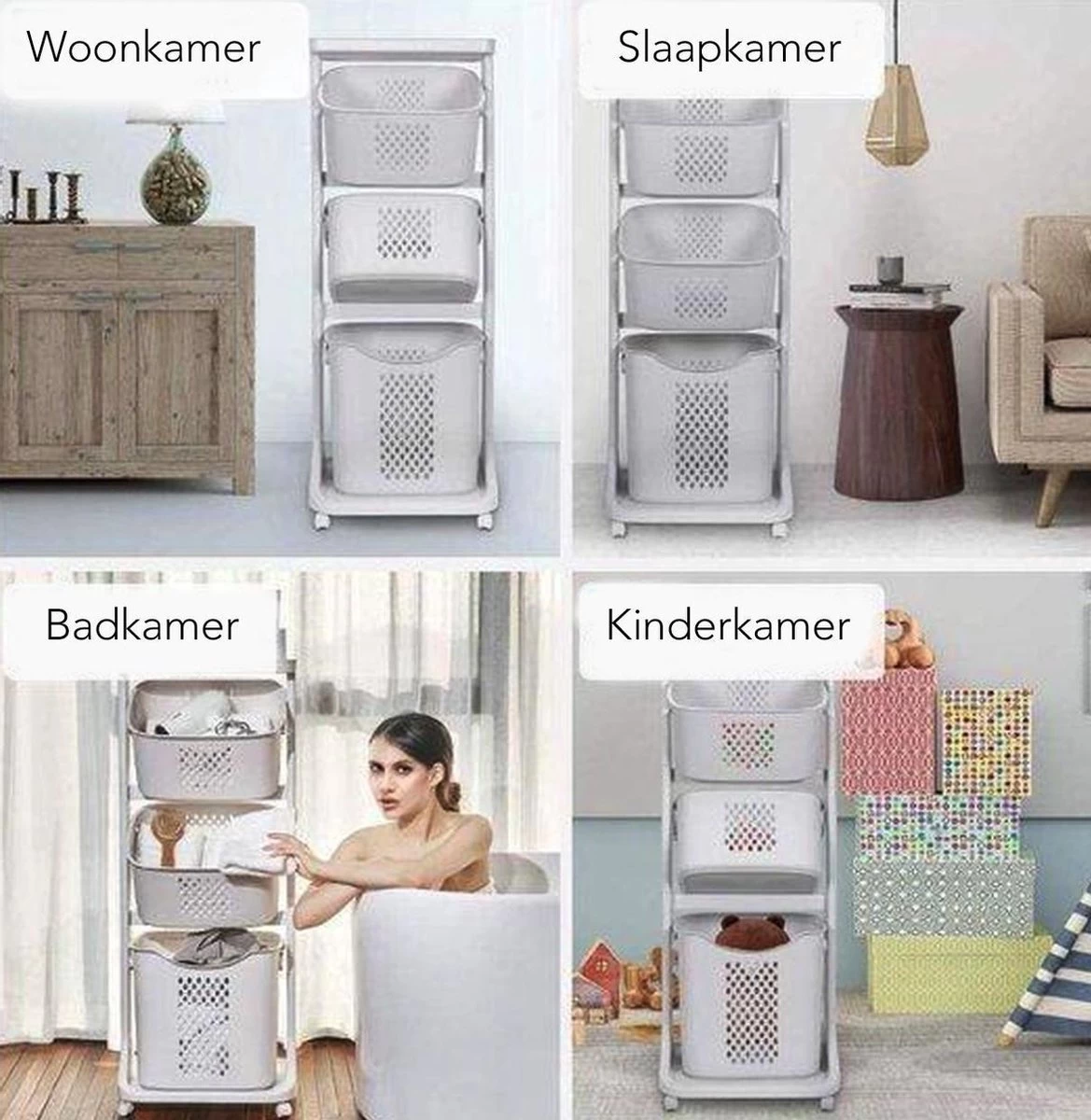 Sens Design Wassorteerder – Wasmand Met 3 Vakken - Op Wieltjes - Afbeelding 3