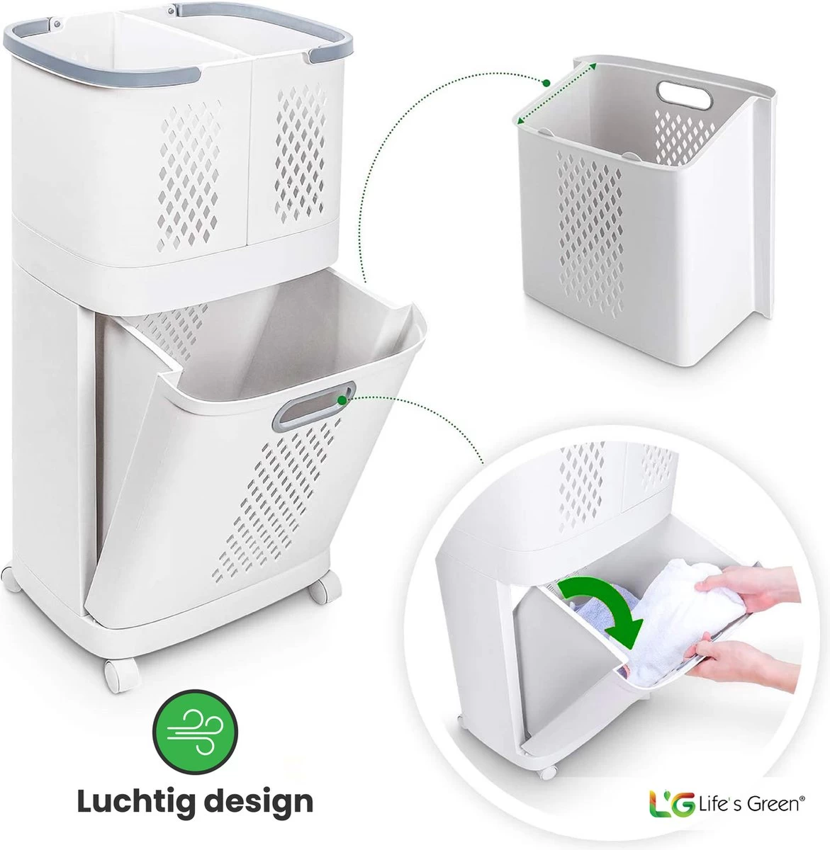 Life’s Green® - Wasmand - Wassorteerder - Wasmand 3 Vakken - Wit - Afbeelding 3