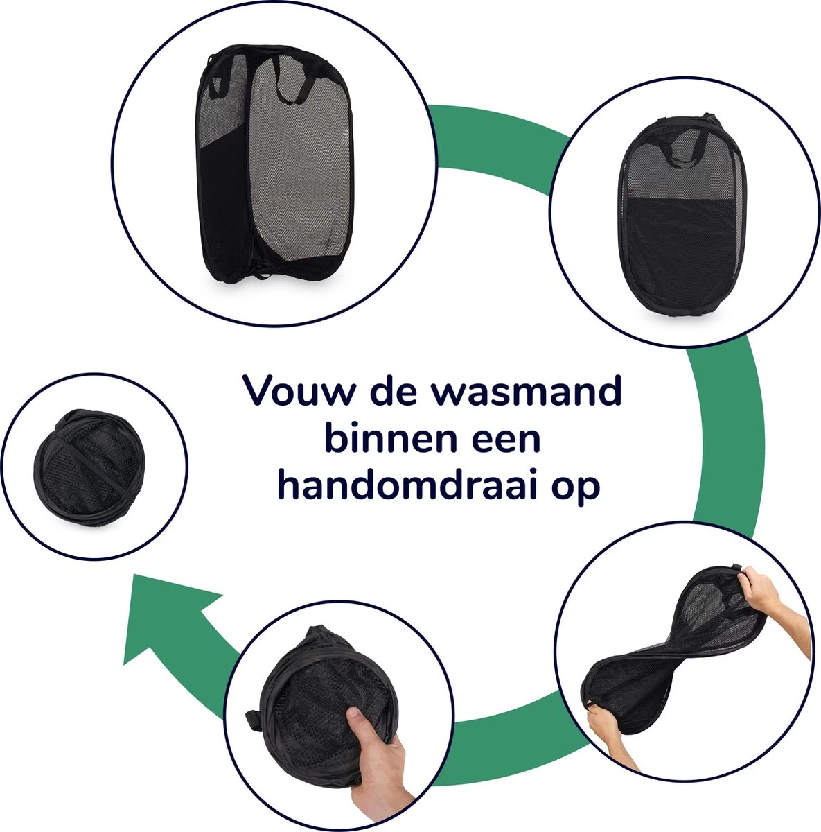 Wonair - Opvouwbare Wasmand - Wassorteerder - Extra Opbergvak – Met Hengsel - 70L - Zwart - Afbeelding 5