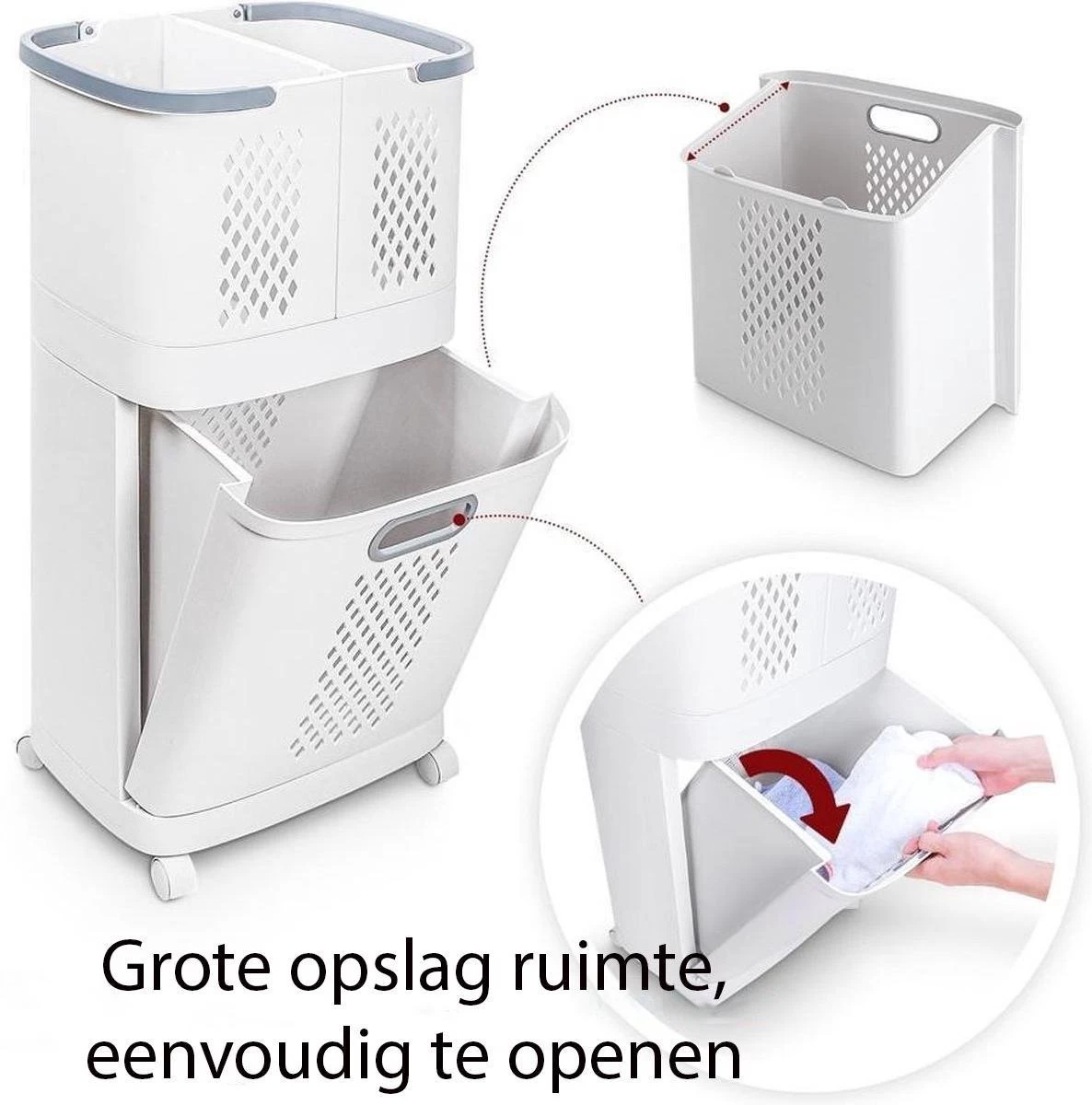 Sens Design Wasmanden Met Deksel - Wassorteerder 3 Vakken Op Wieltjes - Afbeelding 3