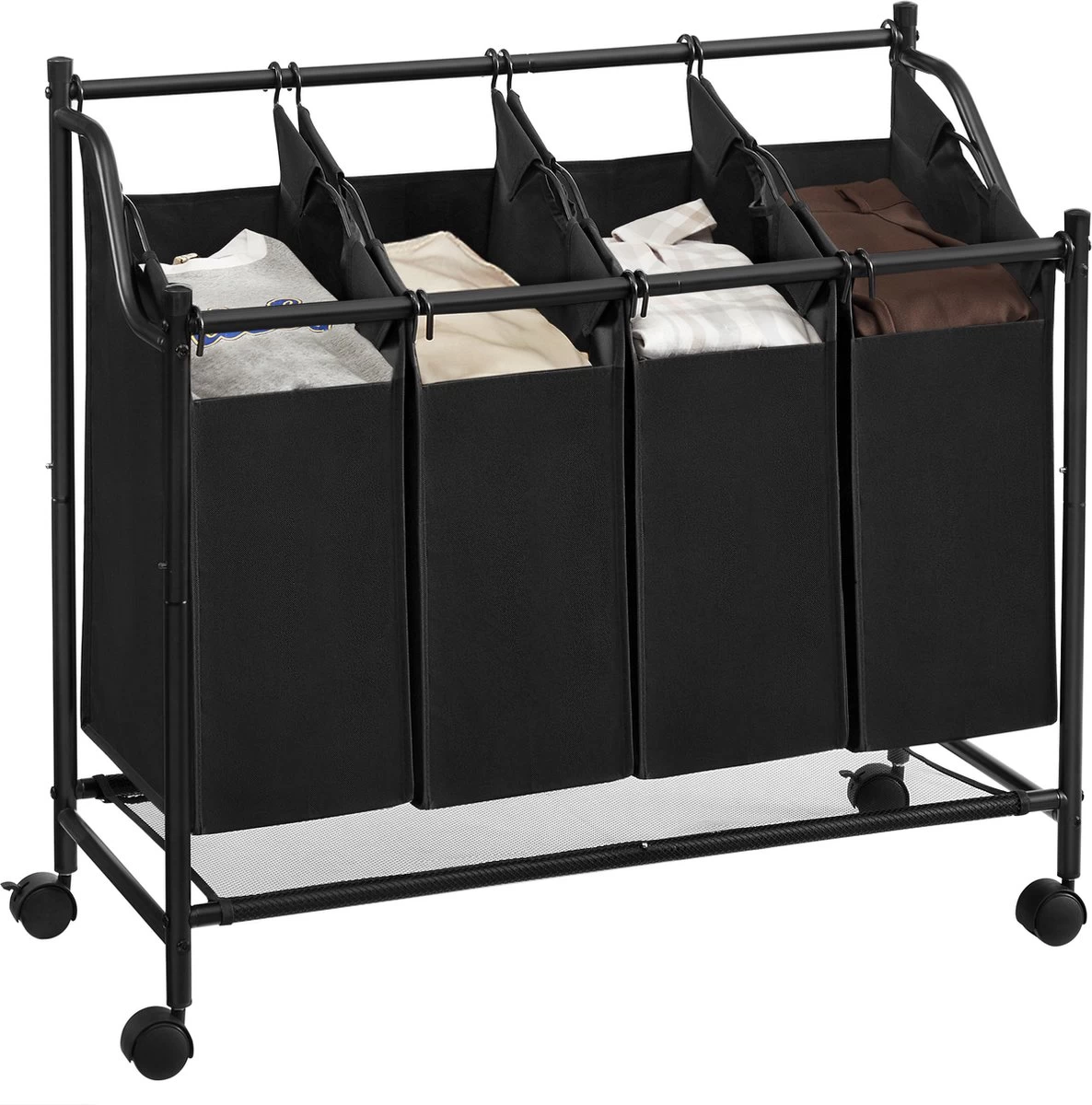 Acaza Stevige Wassorteerder - Wasmand Op Wieltjes Met 4 Uitneembare Vakken - 140L - Zwart
