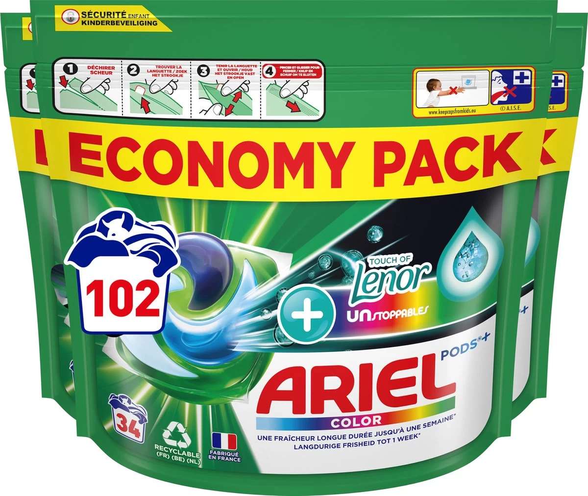 Ariel Wasmiddel Pods +Touch Van Lenor Unstoppables - Kleur - 3 X 34 Wasbeurten Voordeelverpakking