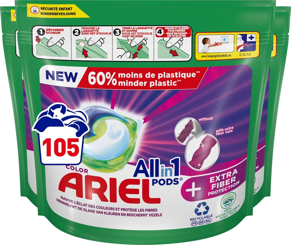 Ariel All In 1 Wasmiddel Pods + Extra Vezelbescherming - Voordeelverpakking 3 X 35 Wasbeurten