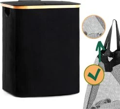 Opvouwbare Wasmand Met Deksel – Wassorteerder – Wasmanden – Wasmand Bamboe – Zwart - 60Liter