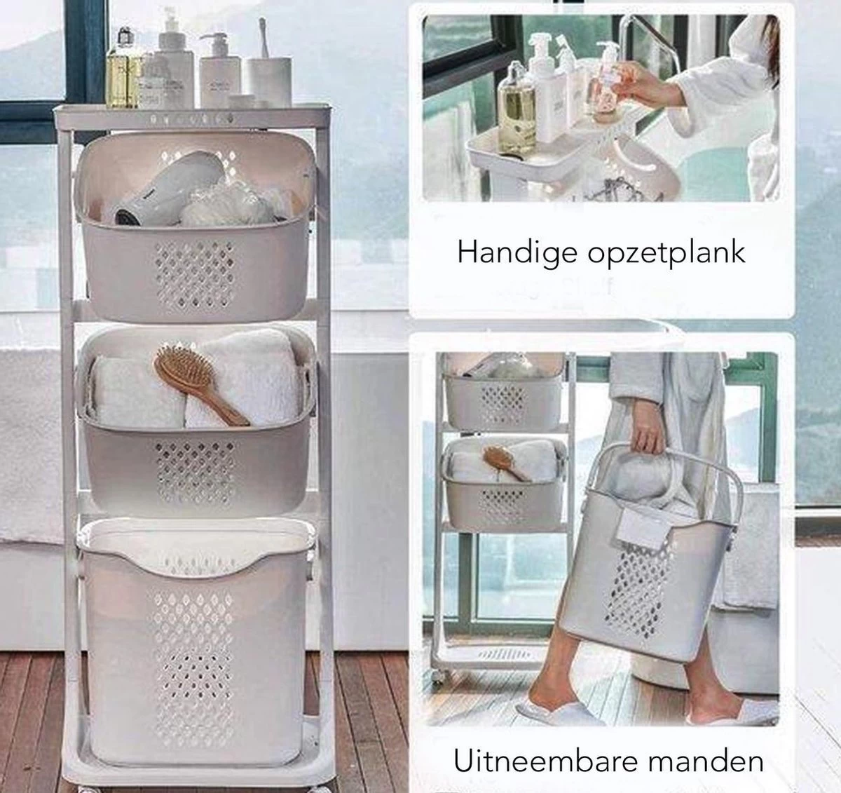 Sens Design Wassorteerder – Wasmand Met 3 Vakken - Op Wieltjes - Afbeelding 7