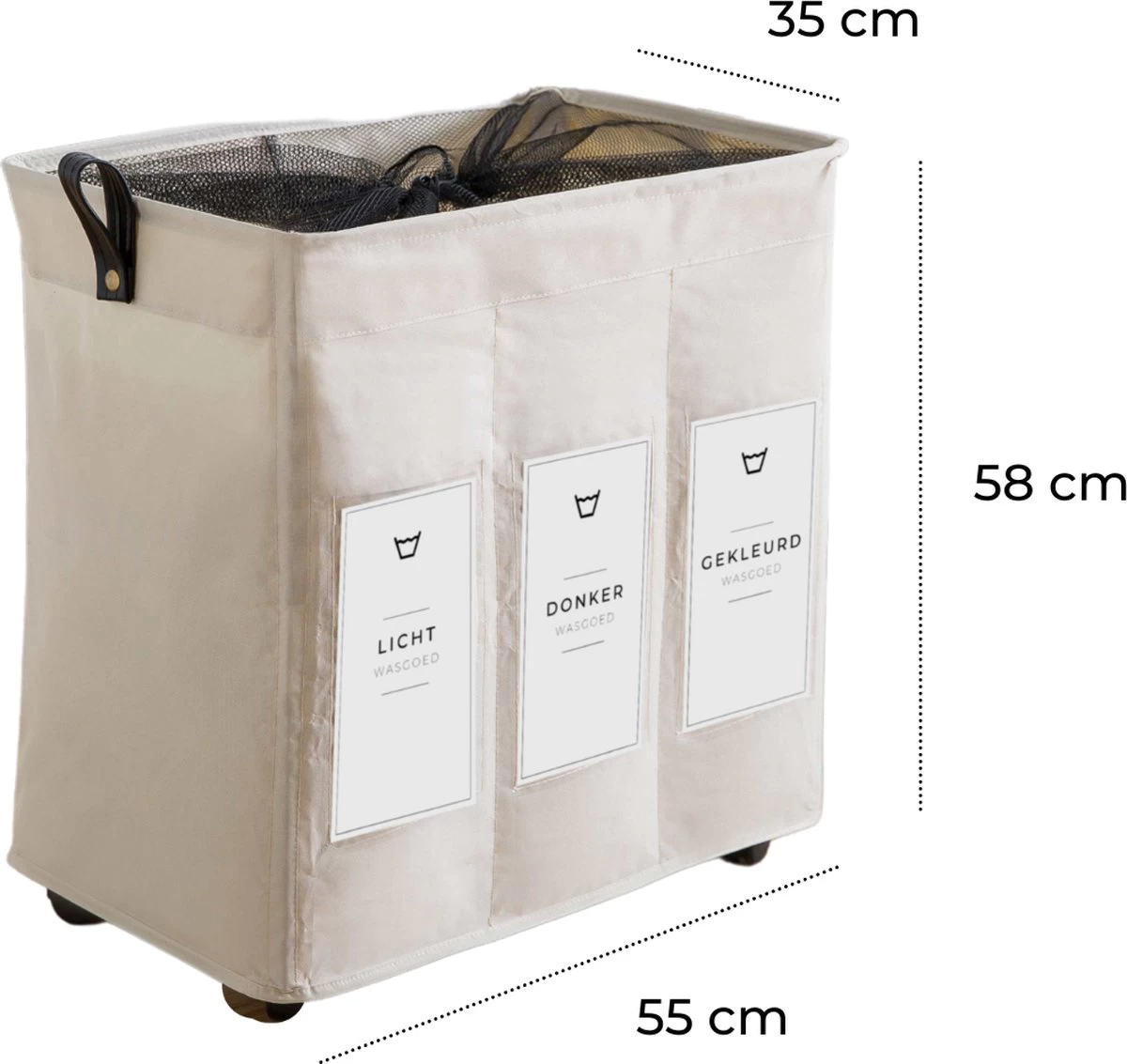 Wasmand 3 Vakken - Hotel Wassorteerder - NL Opdruk & Wielen - Opvouwbaar - Hotel - 100 Liter - Afbeelding 2