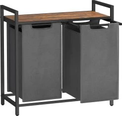 Merkloos Wasmand - Wasverzamelaar - 2 Vakken - Met Plank - Wassorteerbak - Metalen Frame, 2 Uitneembare Vakken Van Oxford Stof - Met Klittenbandsluiting - Vintage Bruin-Grijs