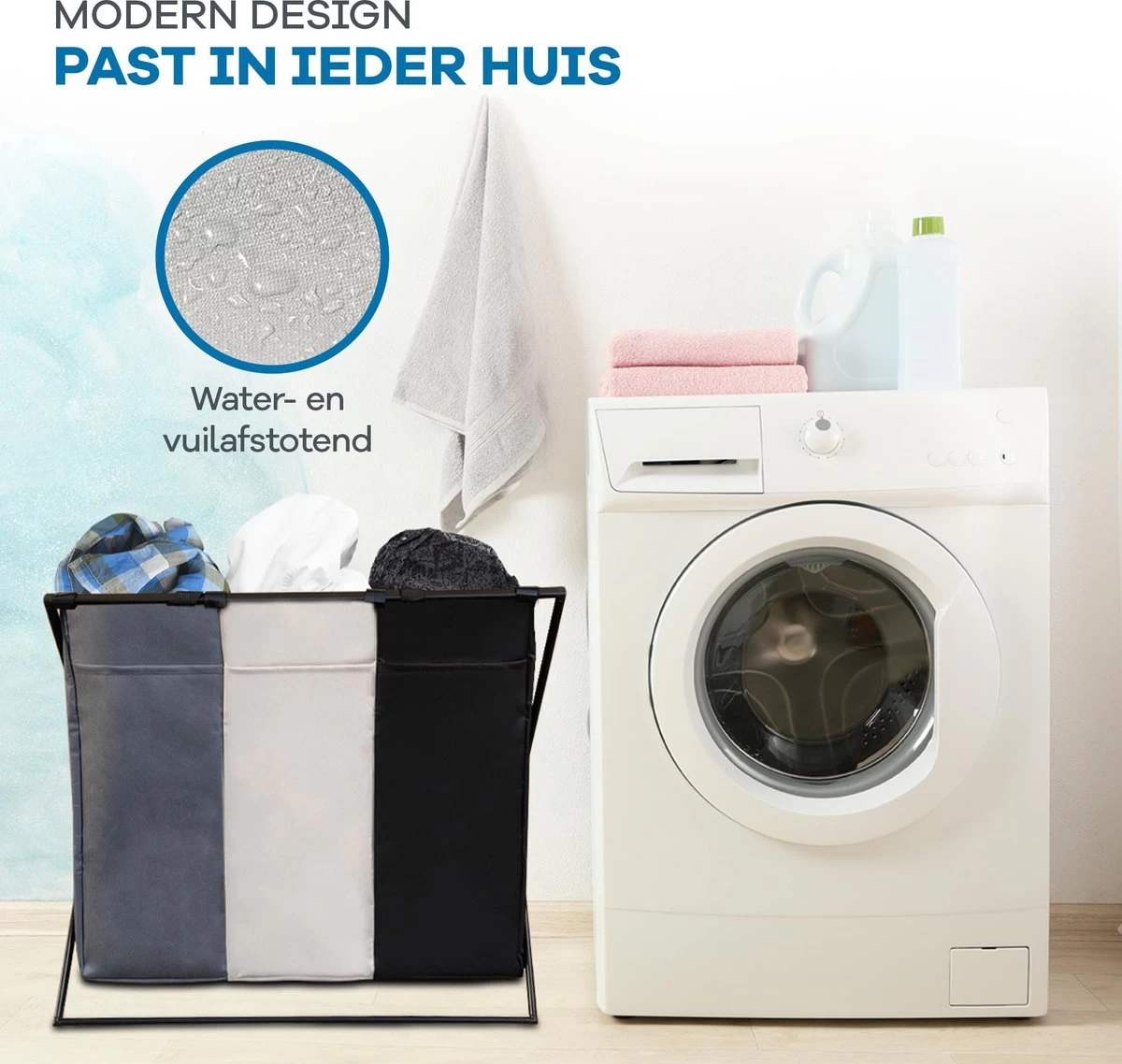 WITTS Wasmand Met 3 Vakken - Wassorteerder - Opvouwbaar - 90 L – Aluminium - Mat Zwart - Afbeelding 3
