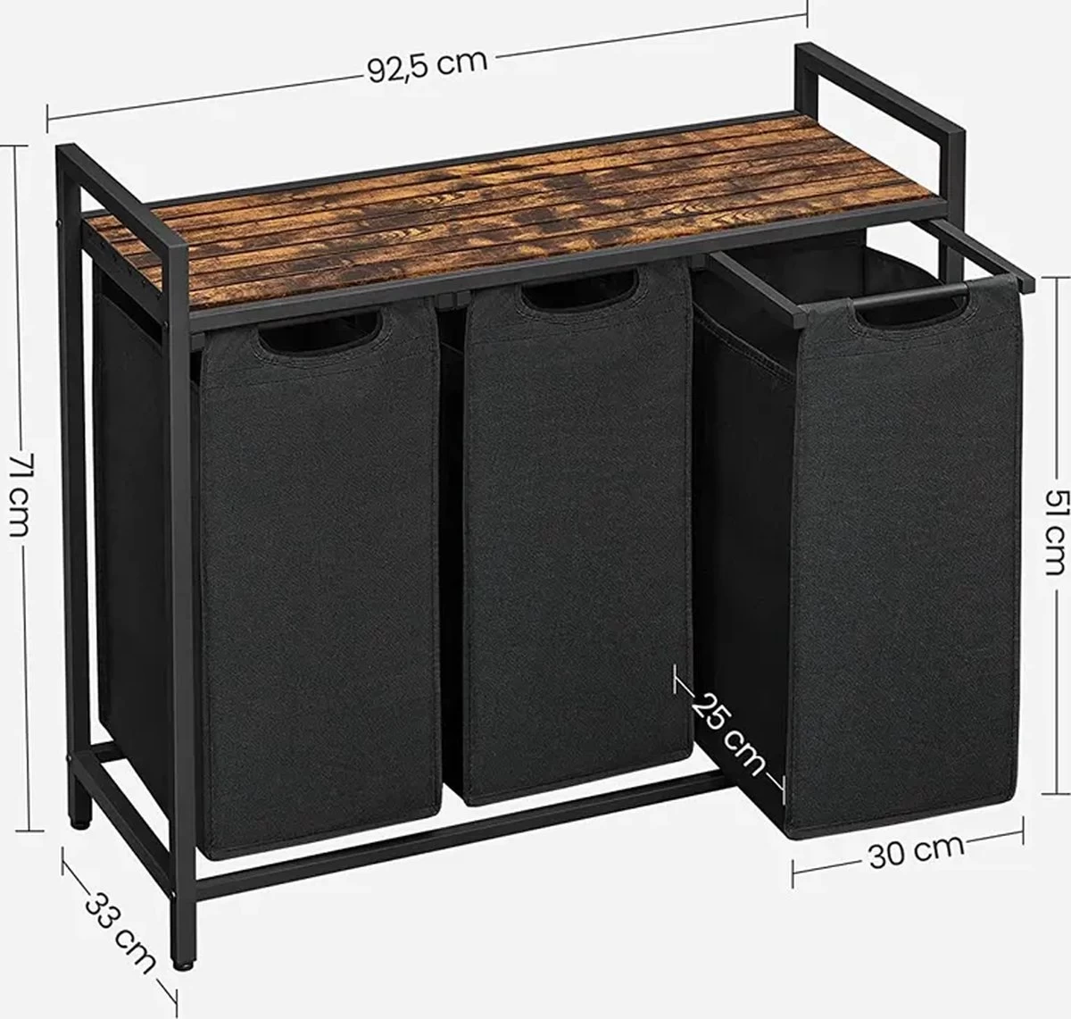 A.T. Shop Wasmand, Wascollector, Wassorteerder, 3 Compartimenten, Met Plank, Waszak Uitschuifbaar En Afneembaar, Per Zak 38 Liter - Afbeelding 2