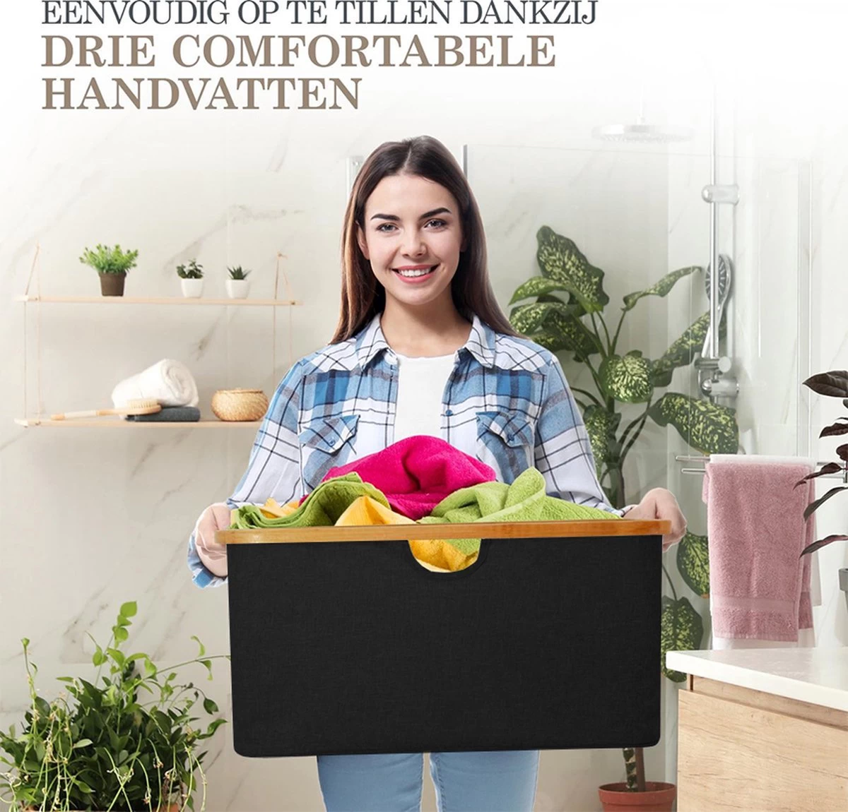 MIRI Opvouwbare Wasmand – Heupwasmand – Zwart – Wasmanden – Opbergmand – Wasbox – 45L – Bamboe – Laundry Basket - Afbeelding 5