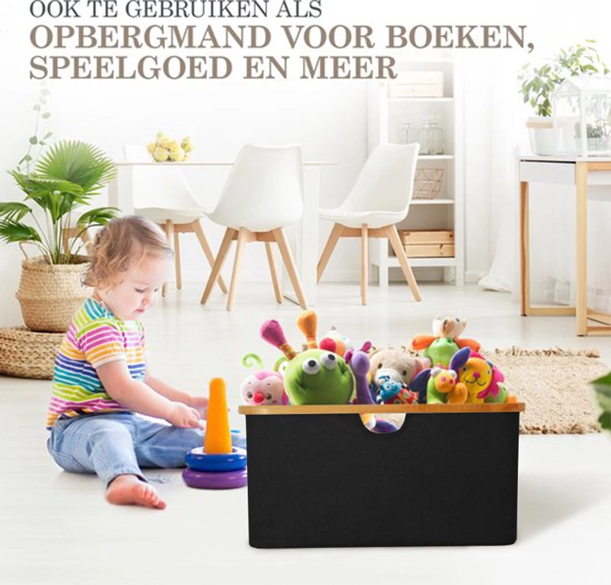 MIRI Opvouwbare Wasmand – Heupwasmand – Zwart – Wasmanden – Opbergmand – Wasbox – 45L – Bamboe – Laundry Basket - Afbeelding 6