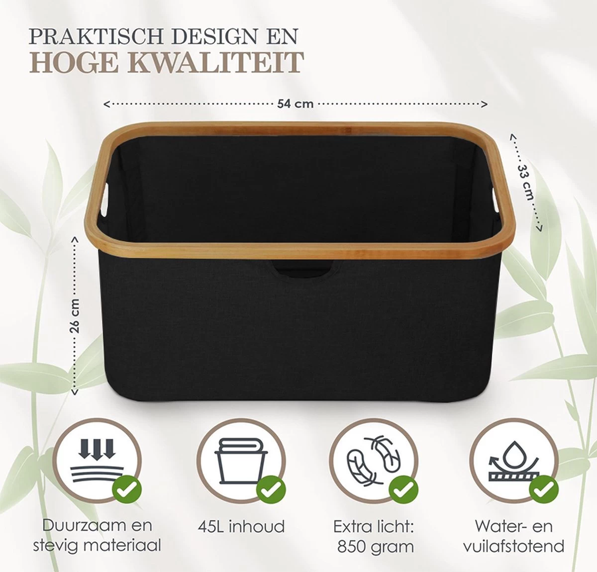 MIRI Opvouwbare Wasmand – Heupwasmand – Zwart – Wasmanden – Opbergmand – Wasbox – 45L – Bamboe – Laundry Basket - Afbeelding 7