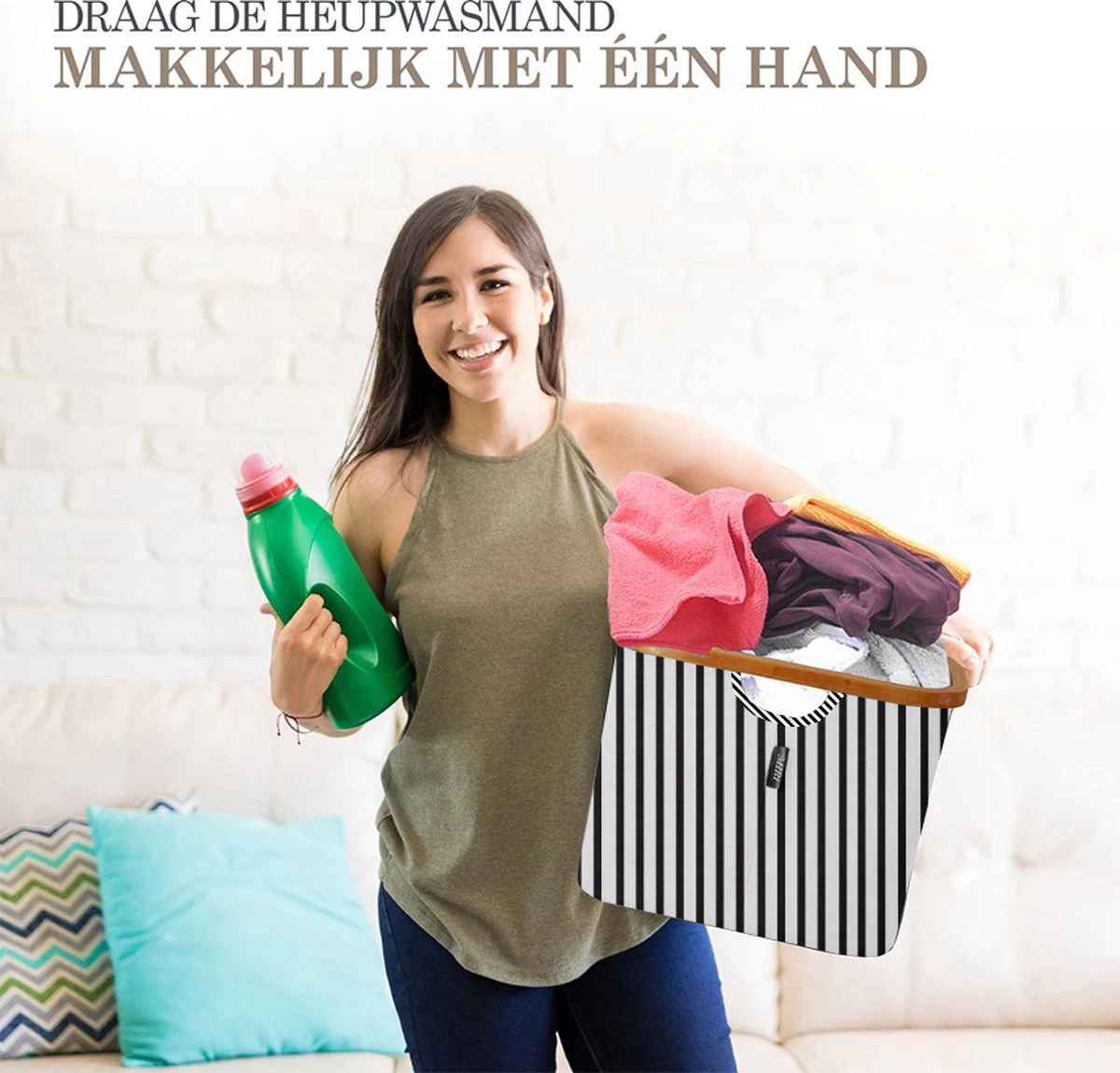 MIRI Opvouwbare Wasmand – Heupwasmand – Gestreept – Wasmanden – Opbergmand – Wasbox – 45L – Bamboe – Laundry Basket - Afbeelding 2