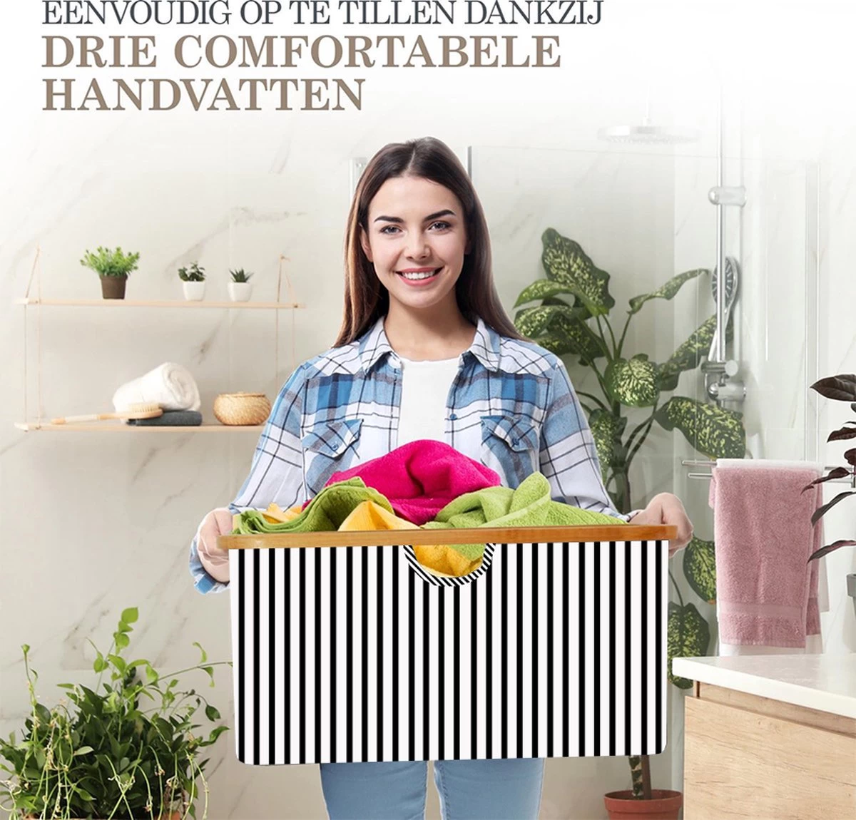 MIRI Opvouwbare Wasmand – Heupwasmand – Gestreept – Wasmanden – Opbergmand – Wasbox – 45L – Bamboe – Laundry Basket - Afbeelding 5