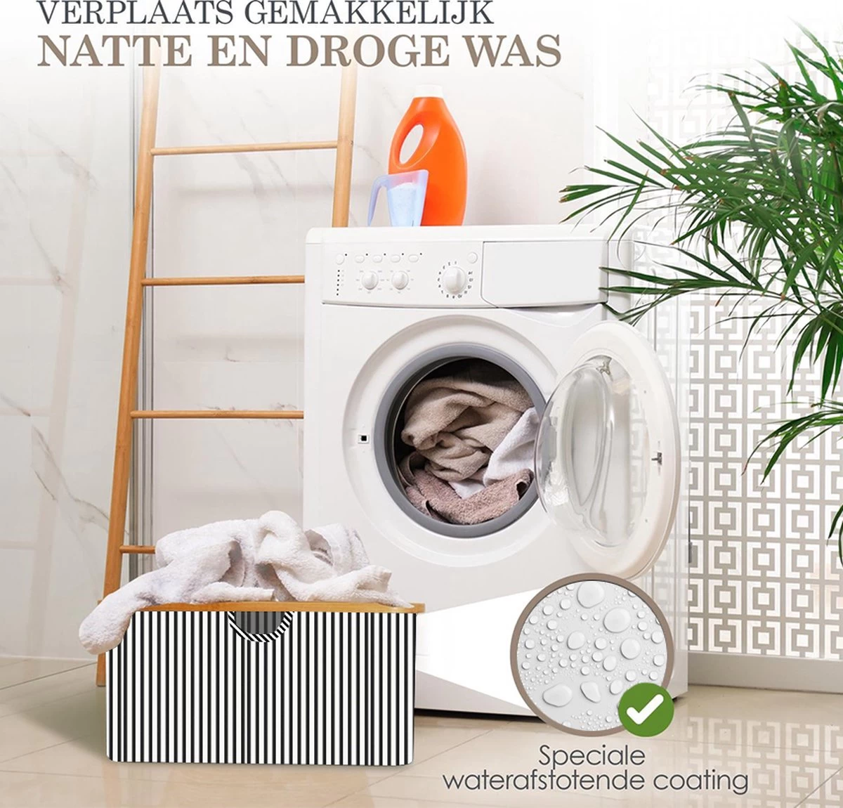 MIRI Opvouwbare Wasmand – Heupwasmand – Gestreept – Wasmanden – Opbergmand – Wasbox – 45L – Bamboe – Laundry Basket - Afbeelding 7