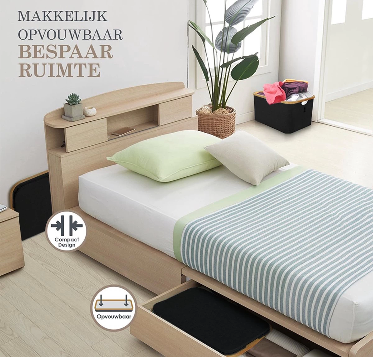 MIRI Opvouwbare Wasmand – Heupwasmand – Zwart – Wasmanden – Opbergmand – Wasbox – 45L – Bamboe – Laundry Basket - Afbeelding 2