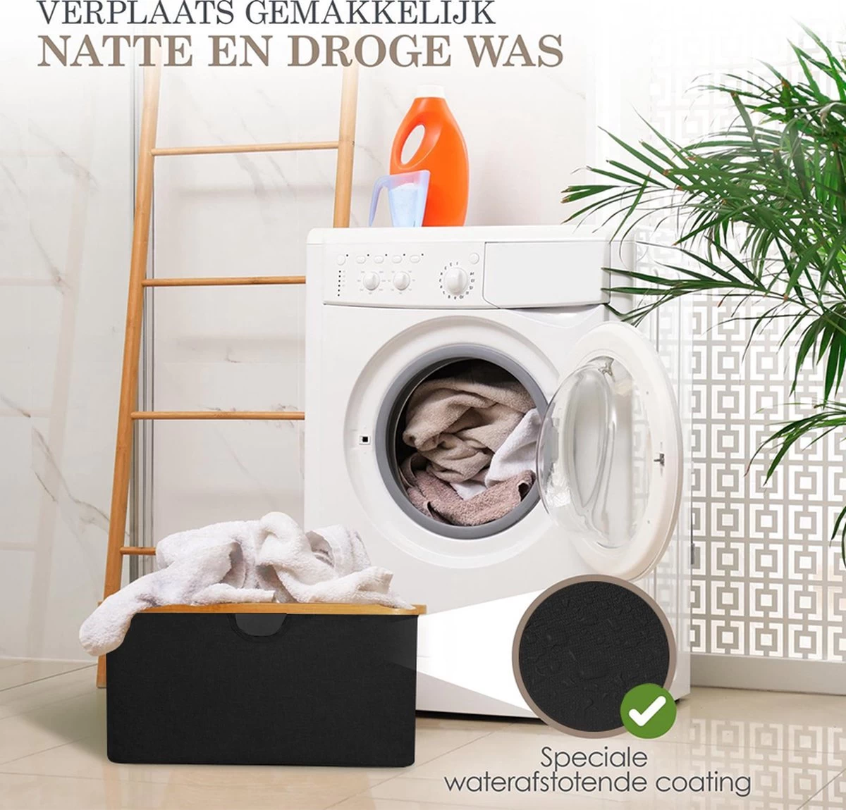 MIRI Opvouwbare Wasmand – Heupwasmand – Zwart – Wasmanden – Opbergmand – Wasbox – 45L – Bamboe – Laundry Basket - Afbeelding 3