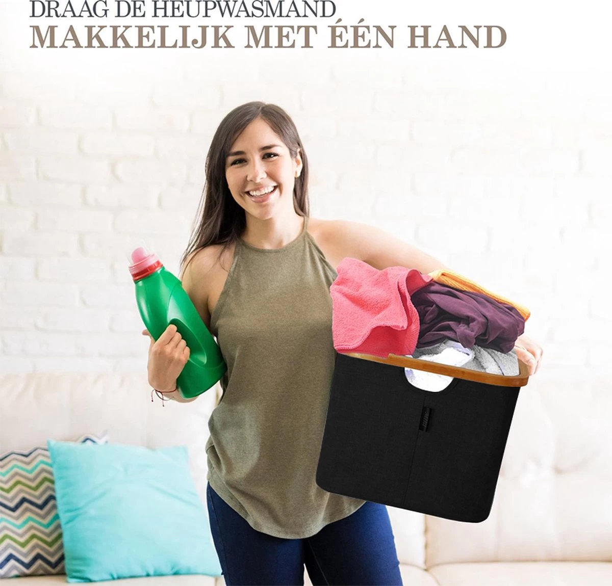 MIRI Opvouwbare Wasmand – Heupwasmand – Zwart – Wasmanden – Opbergmand – Wasbox – 45L – Bamboe – Laundry Basket - Afbeelding 4