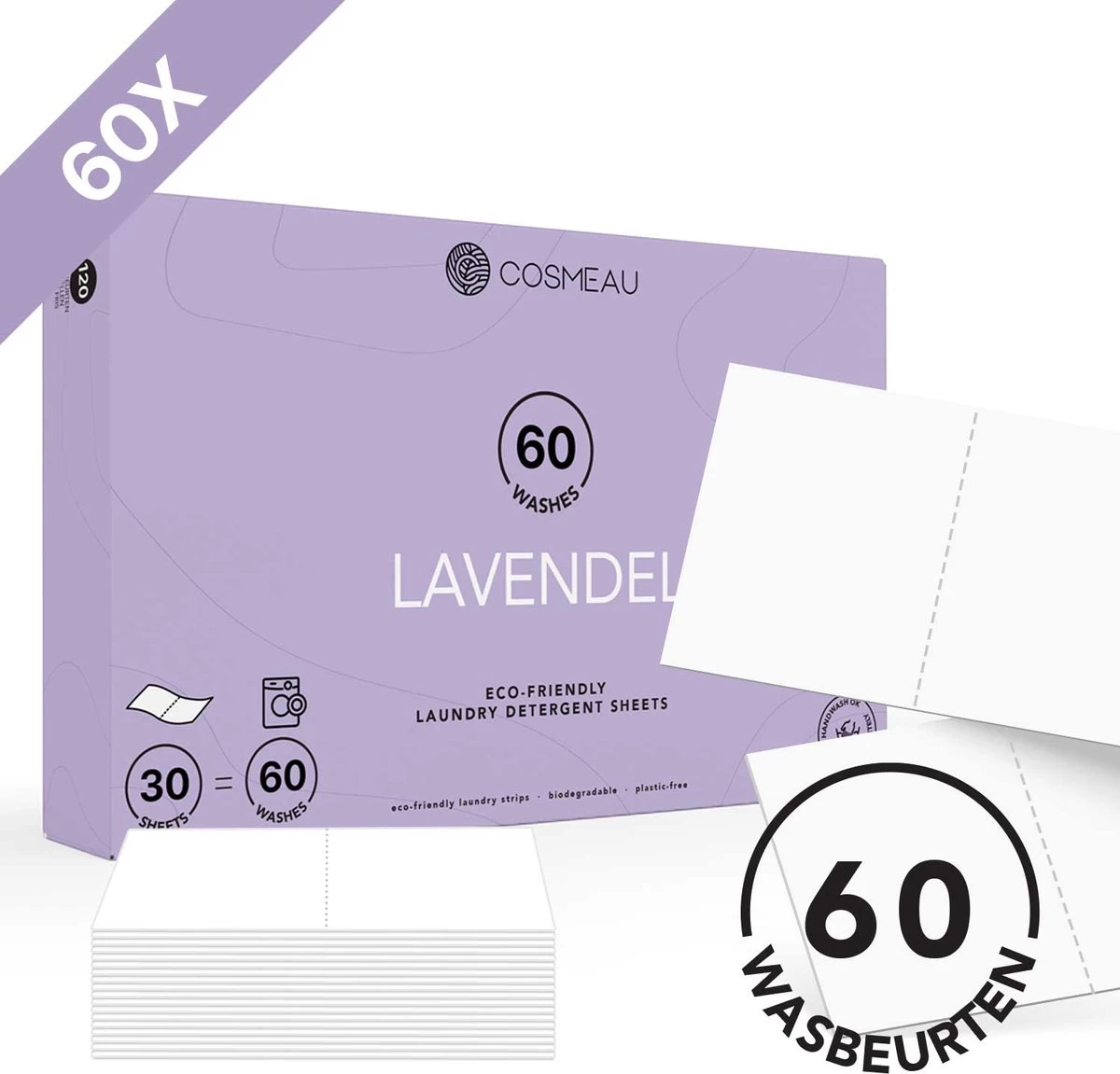 Cosmeau Wasstrips 60 Wasbeurten Lavendel Wasmiddel Wasvellen Wasdoekjes Detergent Sheets Eco Laundry Strips - Biologisch Cosmo Cosmea Kosmo