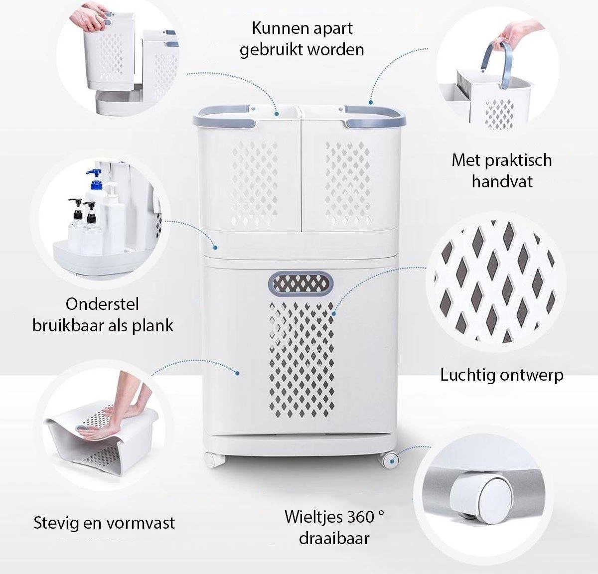 Sens Design Wasmanden Met Deksel - Wassorteerder 3 Vakken Op Wieltjes - Afbeelding 4