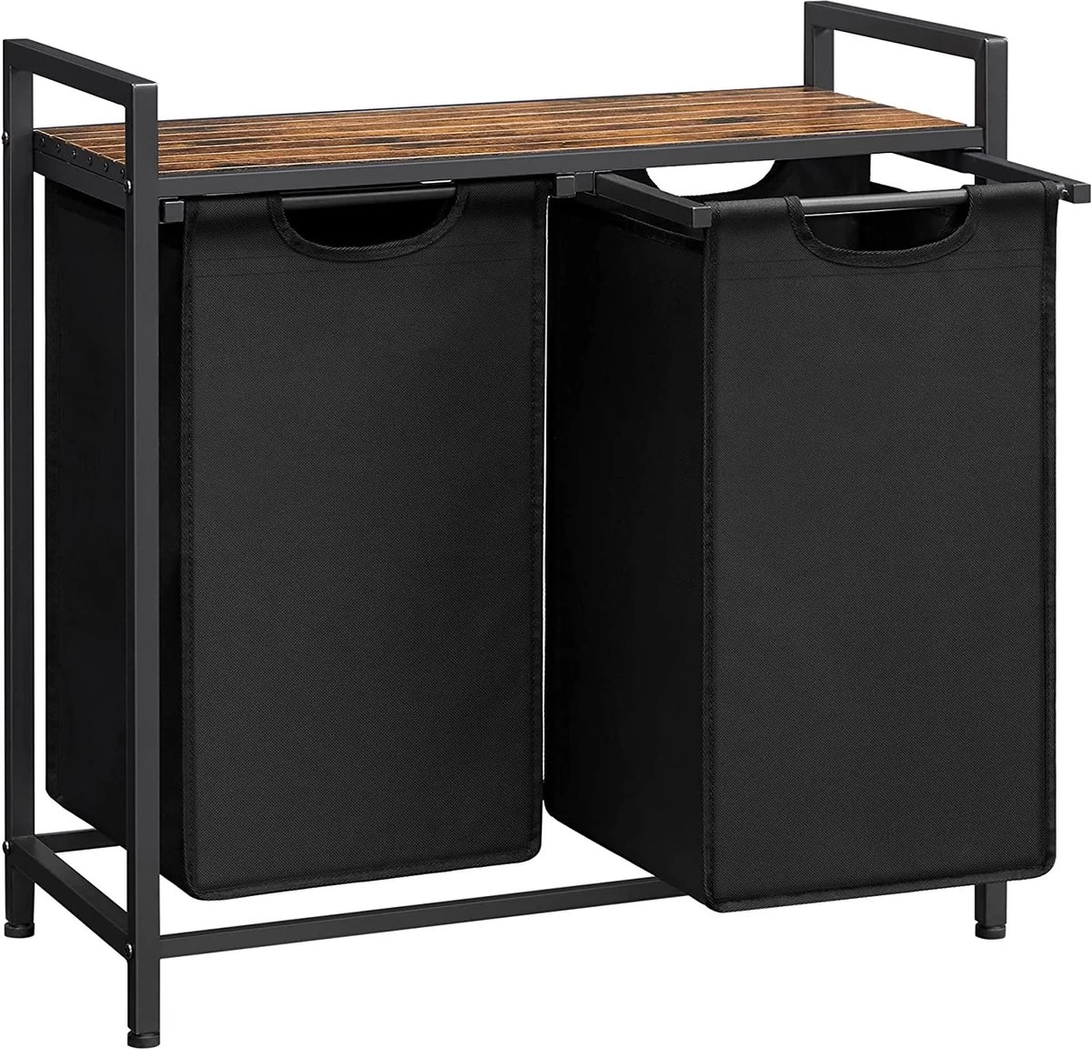 O’DADDY® Wasmand 2 Vakken – Wassorteerder - Uitschuifbaar Met Plank - 73 X 33 X 72 Cm – Wasmand Met Uitneembare Zakken En Klittenband Sluiting - 112L Verdeeld Over 2 Zakken – Wasmanden – Wasmand Zwart Metaal - Bruin Hout