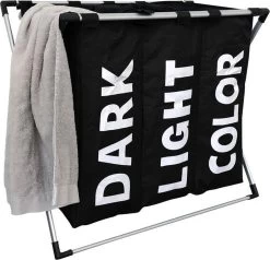 Wasmand Met 3 Vakken - 90 Liter - Opvouwbaar En Afneembaar Frame - Wassorteerder In Verschillende Kleuren - Badkamer Wasgoed Organizer Met Sluitbare Zak - Zwart