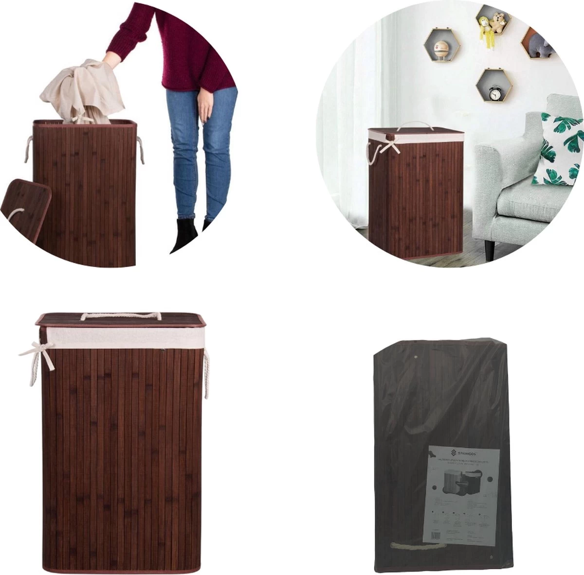 Springos Wasmand | Met Deksel | Opvouwbaar | 72 Liter | Met Uitneembare Waszak | Wasmand | Bruin - Afbeelding 2