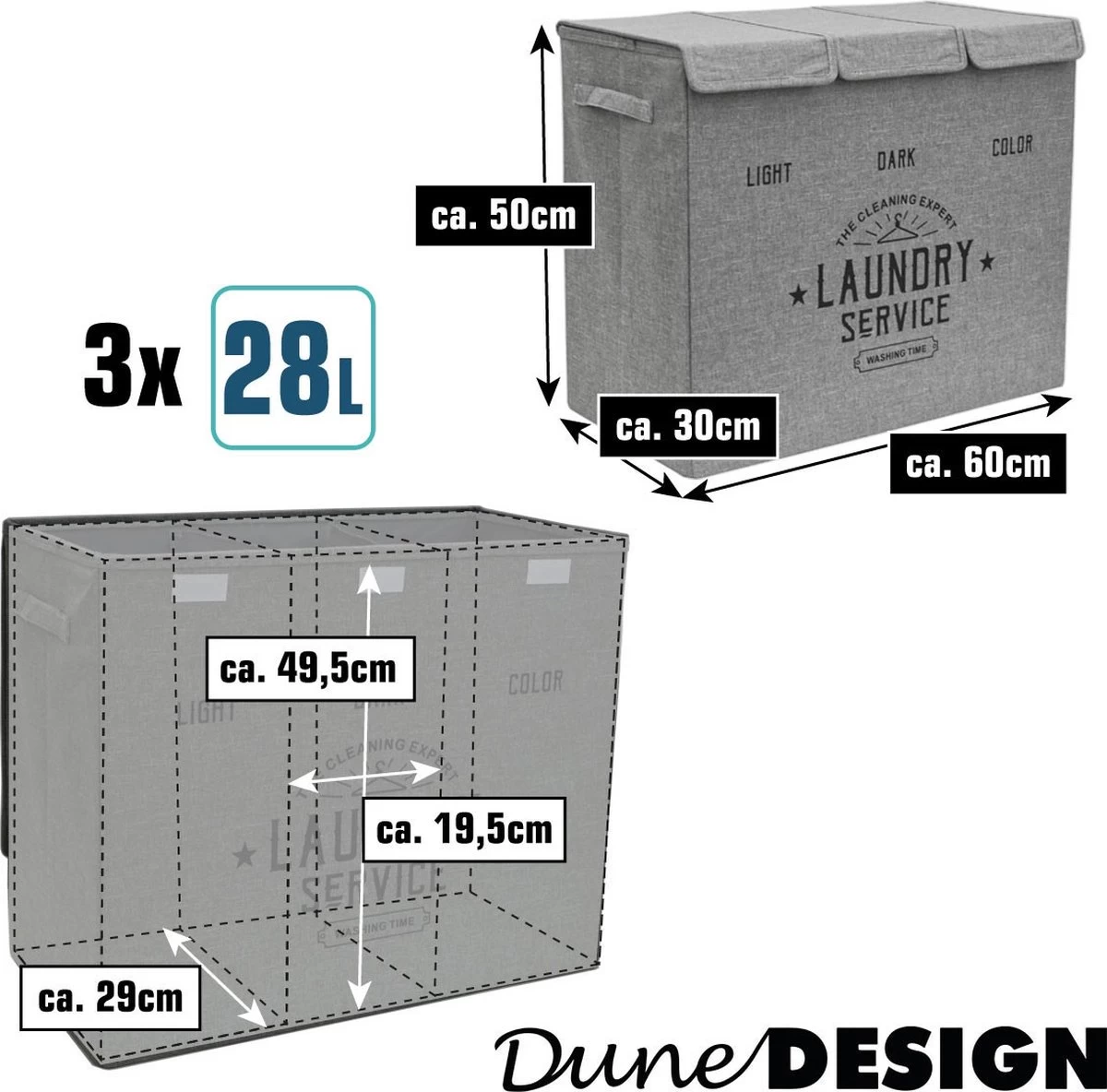 Wasmand 3 Vakken Met Deksel - 84L Wasverzamelaar Wassorteerder Opvouwbaar Groot - Afbeelding 4