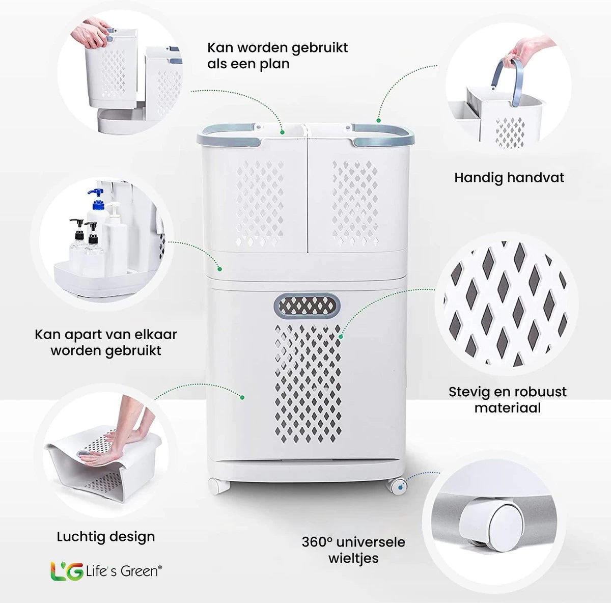 Life’s Green® - Wasmand - Wassorteerder - Wasmand 3 Vakken - Wit - Afbeelding 5