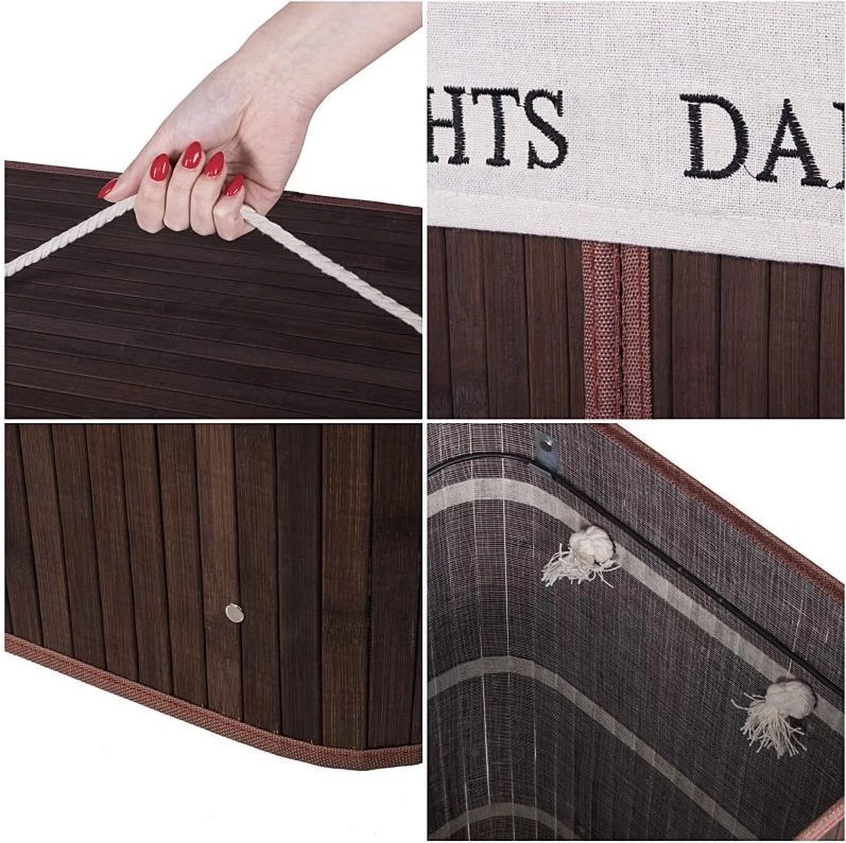 Springos Dubbele Wasmand | 2 Vakken Met Deksel | Opvouwbaar | 100 Liter | Met Uitneembare Waszak | Wasmand | Bruin - Afbeelding 3