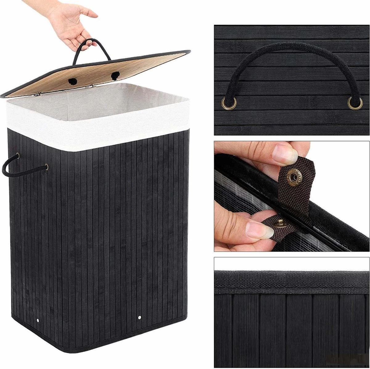 Wasmand Met Deksel 60 L - Bamboe - Zwart - Afbeelding 4