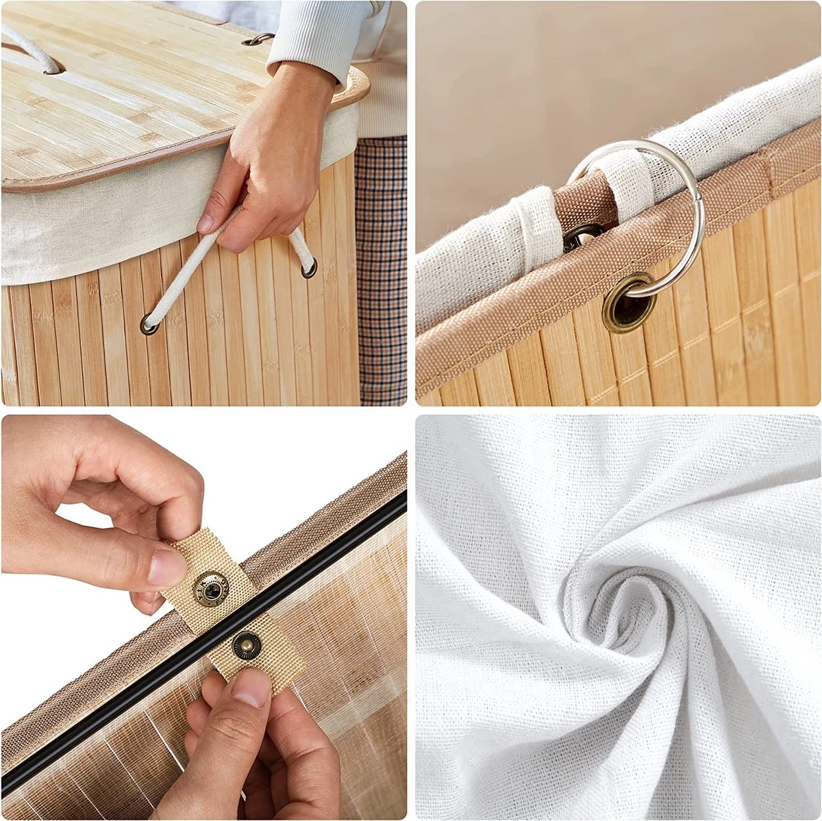 Merkloos Bamboe Wasmand Met Deksel, Katoenen Zak En Handvaten - 72L - Natuurlijk Bruin - Afbeelding 5