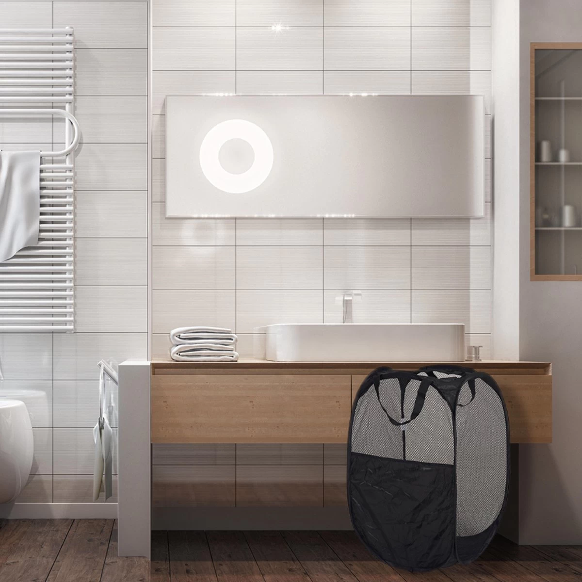 Wonair - Opvouwbare Wasmand - Wassorteerder - Extra Opbergvak – Met Hengsel - 70L - Zwart - Afbeelding 3