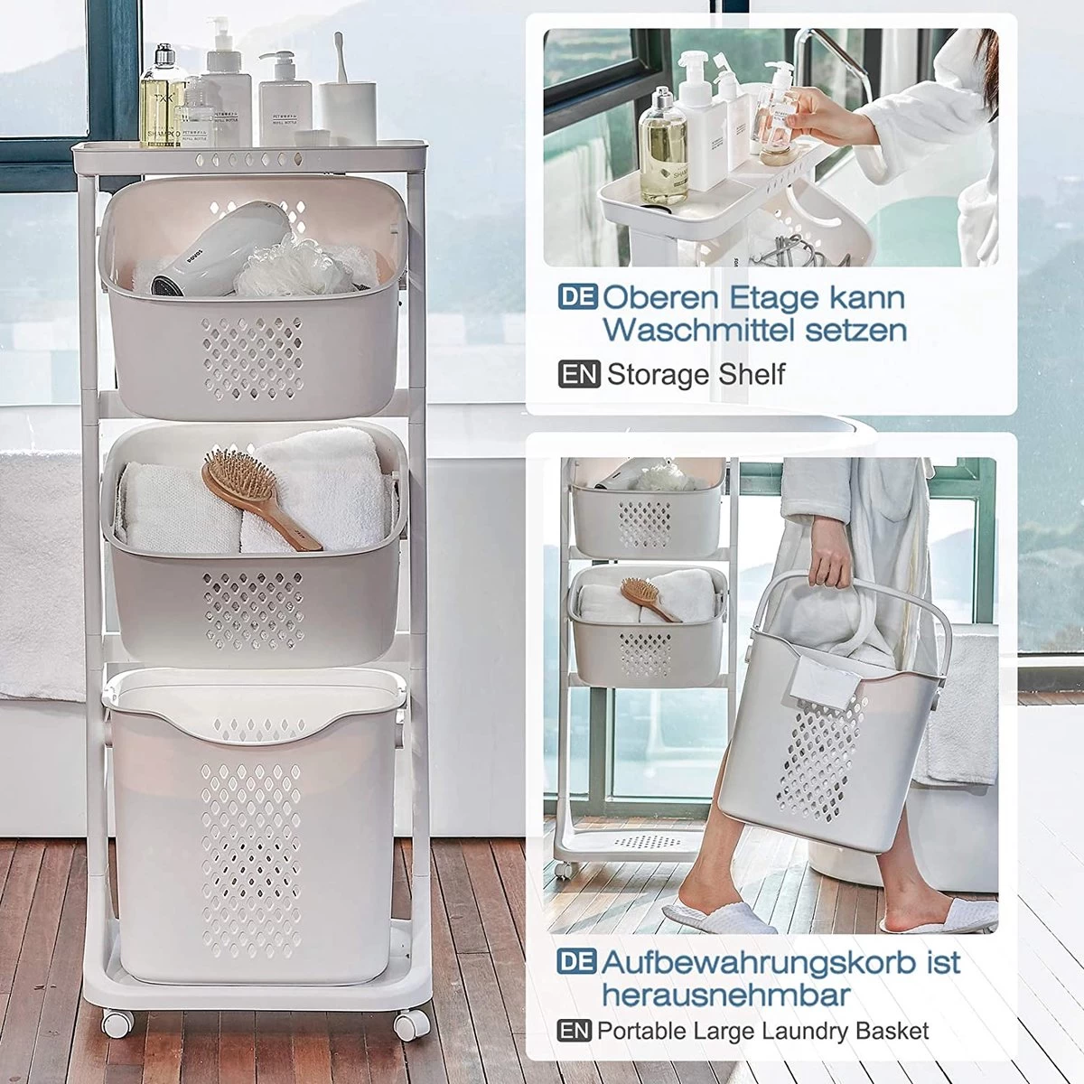 Wassorteerder – Wasmand Met 3 Vakken - Op Wieltjes - Milaan - Afbeelding 3