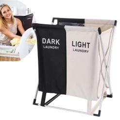 Merkloos Decopatent® Wassorteerder - 60 L - Wasmand 2 Vakken - Opvouwbare Wasmanden - Wassorteerder 2 Vaks - Aluminium Frame - Zwart - Wit