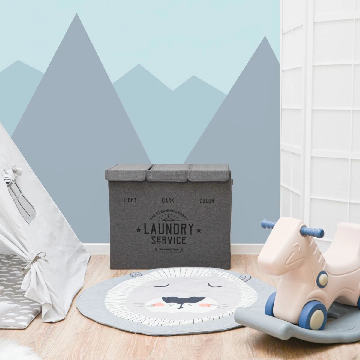 Wasmand 3 Vakken Met Deksel - 84L Wasverzamelaar Wassorteerder Opvouwbaar Groot - Afbeelding 2