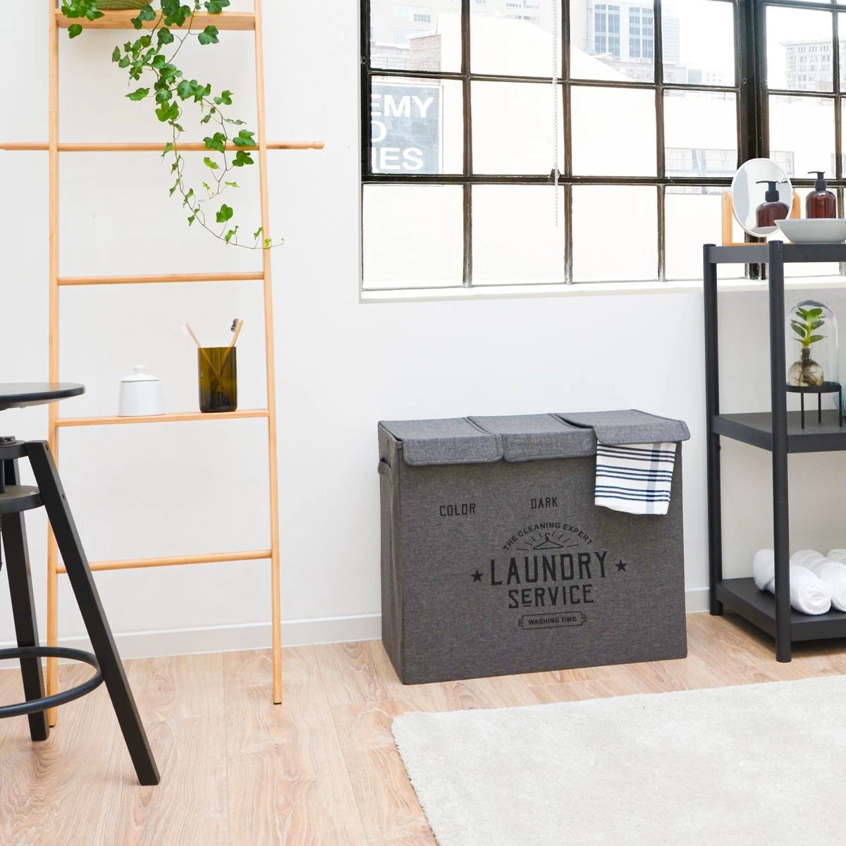 Wasmand 3 Vakken Met Deksel - 84L Wasverzamelaar Wassorteerder Opvouwbaar Groot - Afbeelding 3