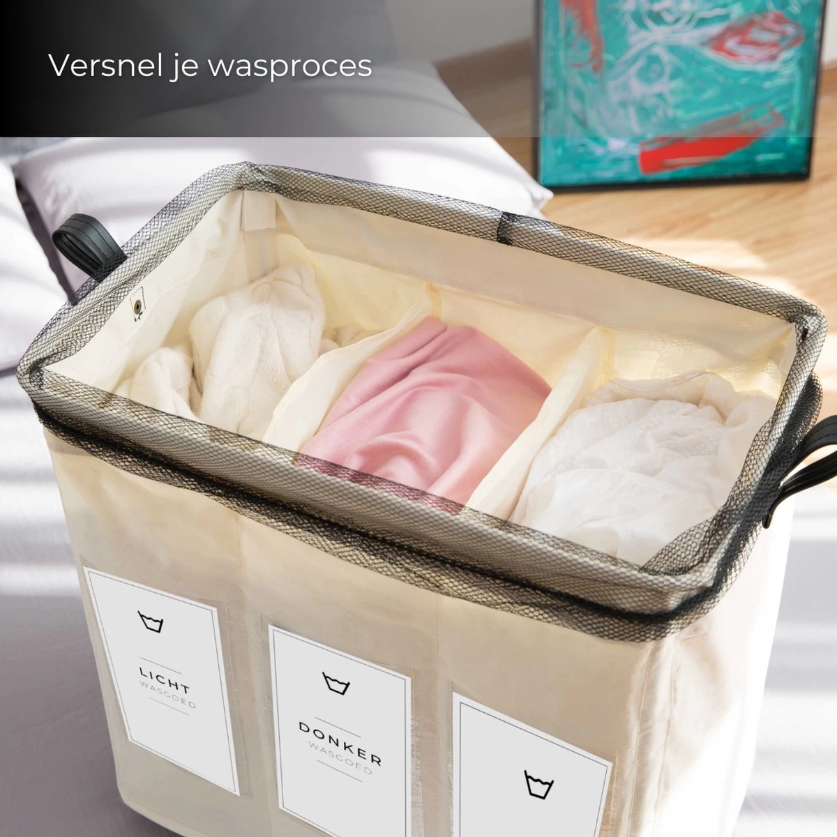 Wasmand 3 Vakken - Hotel Wassorteerder - NL Opdruk & Wielen - Opvouwbaar - Hotel - 100 Liter - Afbeelding 3