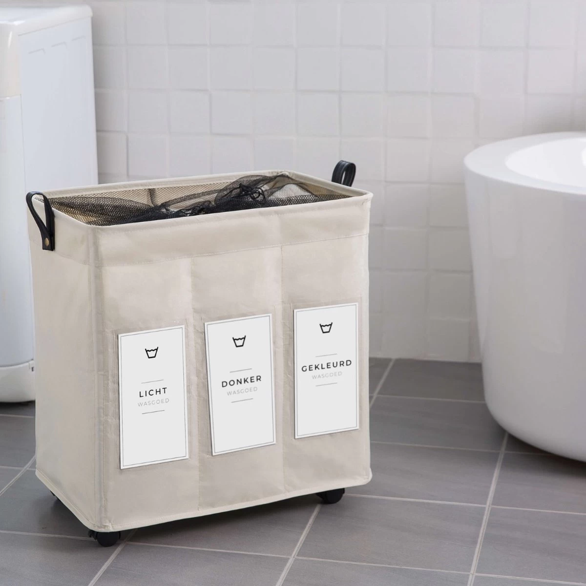 Wasmand 3 Vakken - Hotel Wassorteerder - NL Opdruk & Wielen - Opvouwbaar - Hotel - 100 Liter - Afbeelding 7