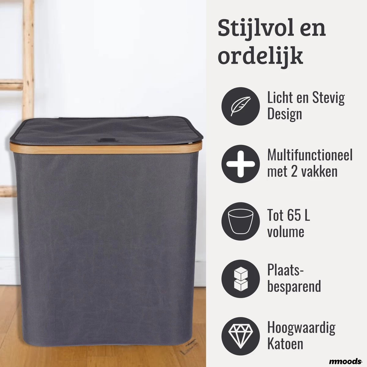 Mmoods Wasmand Katoen 2 Vakken 65 Liter - Wassorteerder Met Deksel Bamboe - Wasbox Badkamer Met Handvaten Grijs - Afbeelding 2